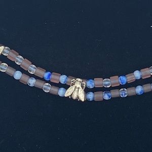 Fly Necklace Double Strand Purple & Blue Choker Necklace w Metal Flies